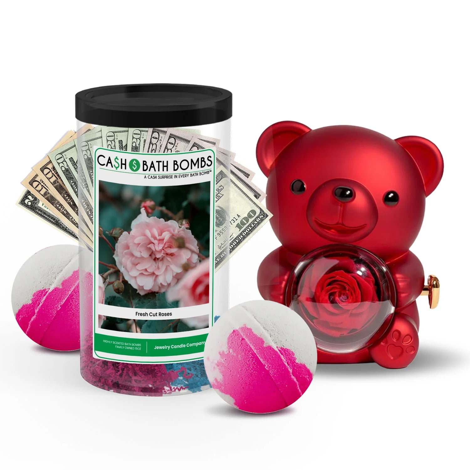 Rose Cash Surprise Bear + Jumbo Cash Bath Bomb 2 Pack – Fresh Cut Roses