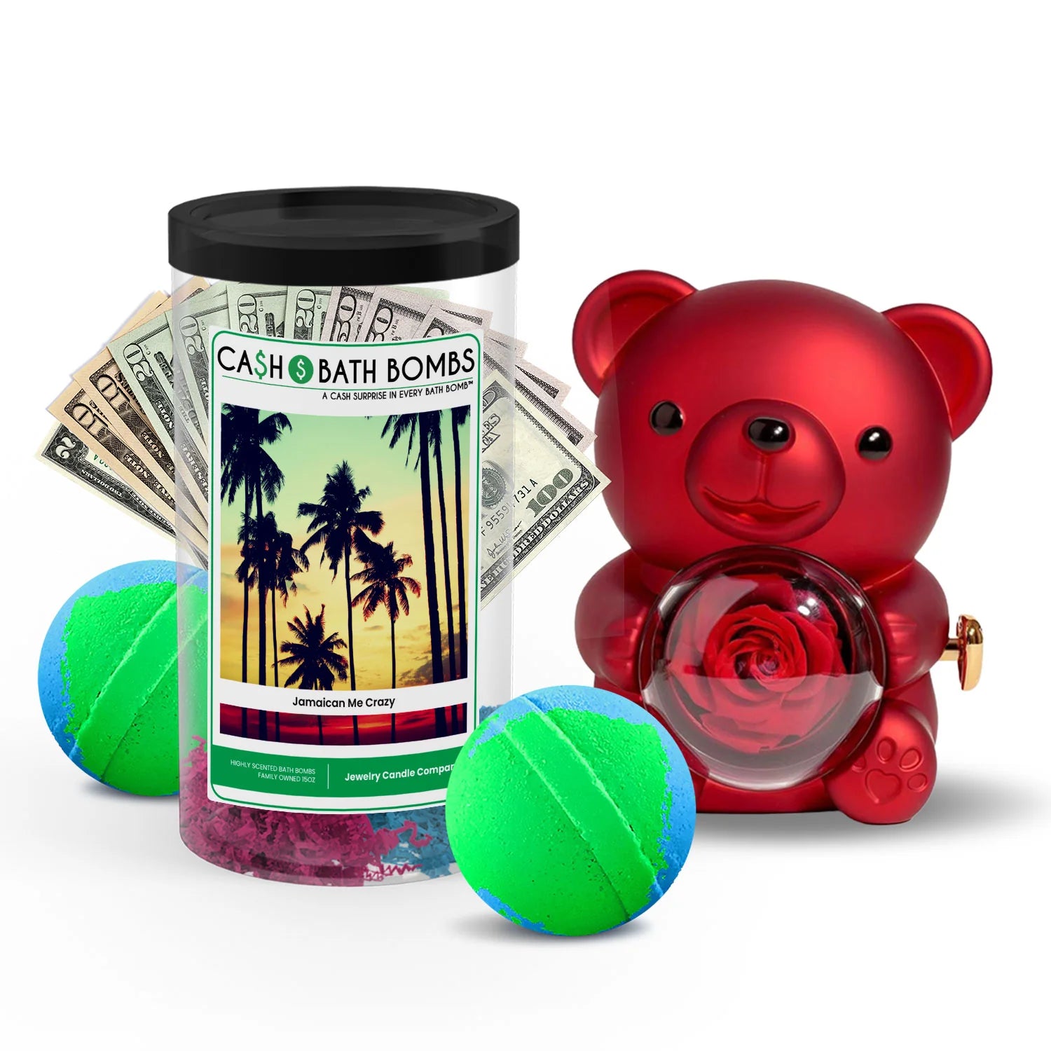 Rose Cash Surprise Bear + Jumbo Cash Bath Bomb 2 Pack – Jamaican Me Crazy