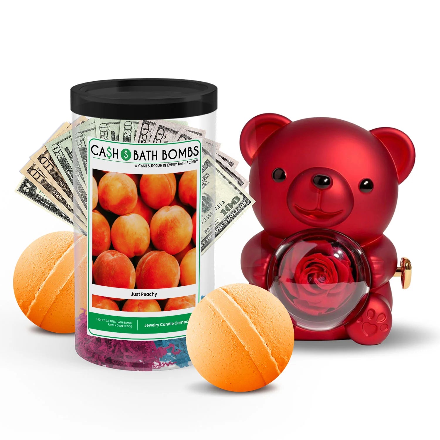 Rose Cash Surprise Bear + Jumbo Cash Bath Bomb 2 Pack – Just Peachy