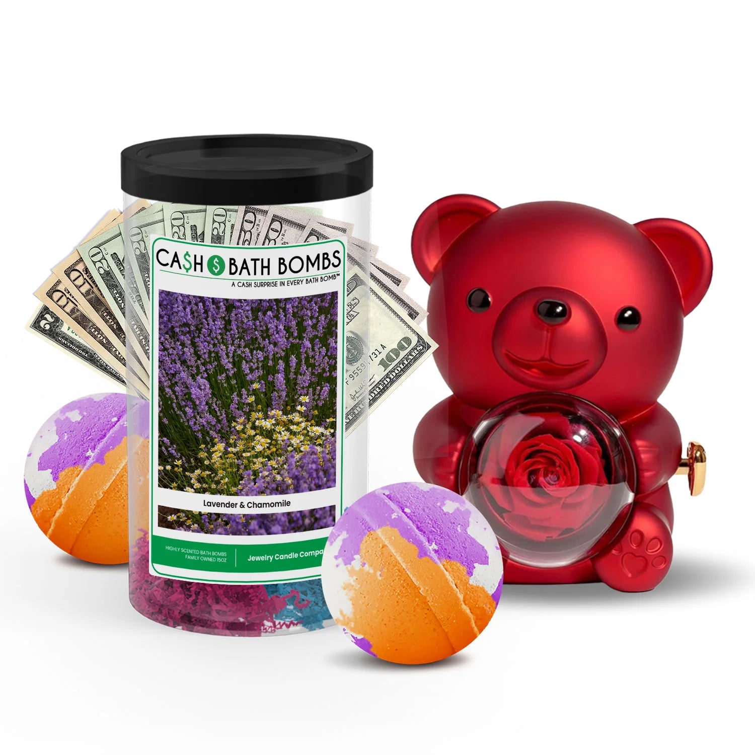 Rose Cash Surprise Bear + Jumbo Cash Bath Bomb 2 Pack – Lavender and Chamomile