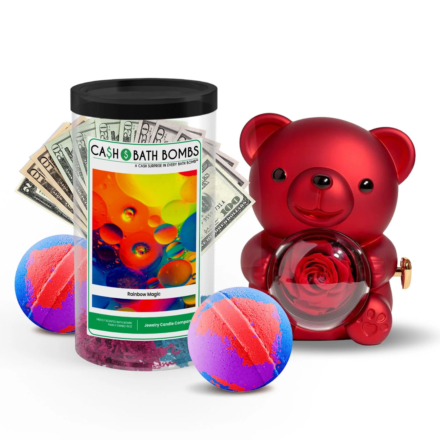 Rose Cash Surprise Bear + Jumbo Cash Bath Bomb 2 Pack – Rainbow Magic