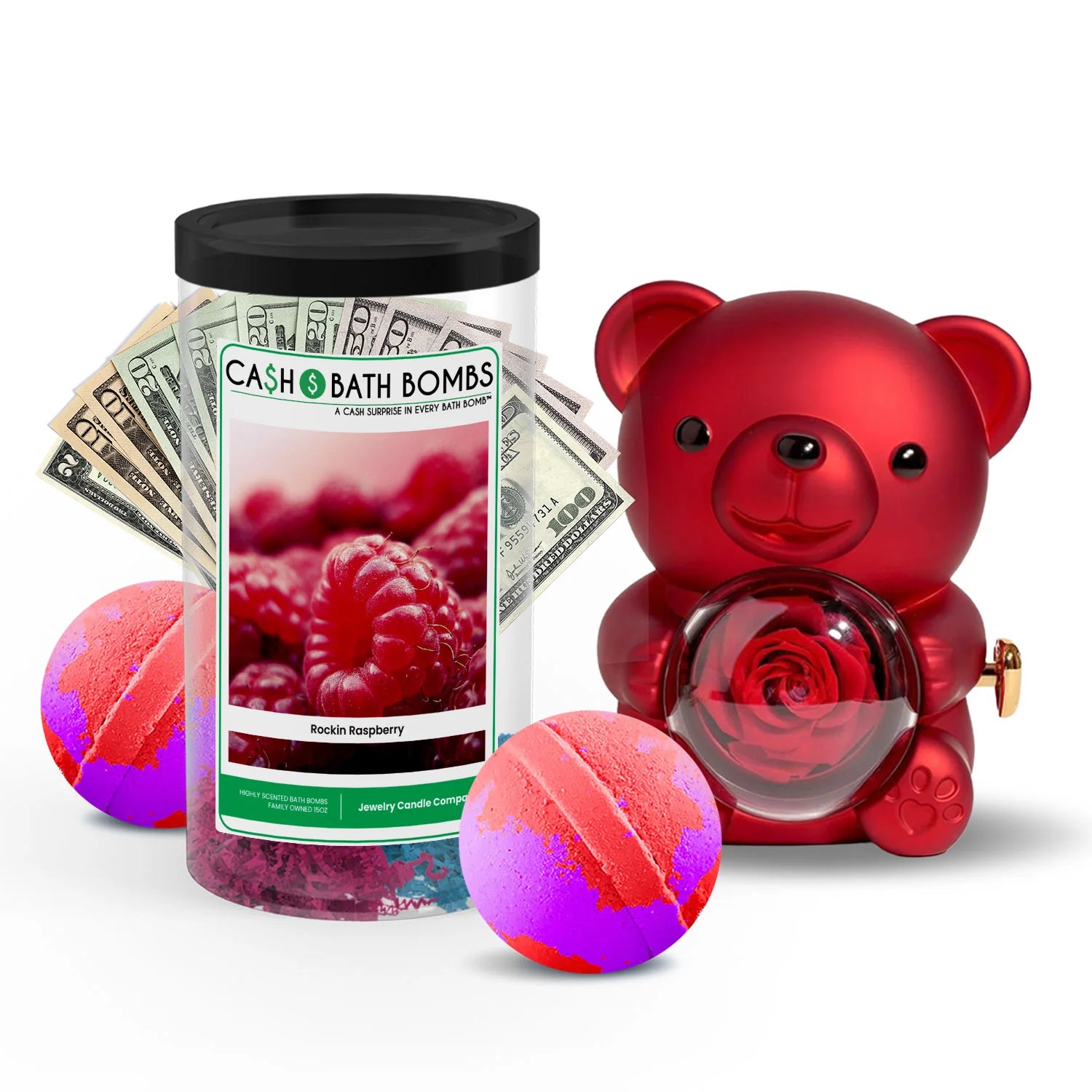 Rose Cash Surprise Bear + Jumbo Cash Bath Bomb 2 Pack – Rockin' Raspberry