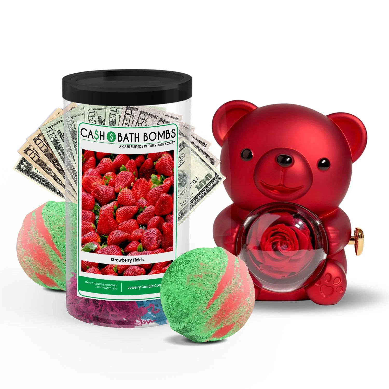 Rose Cash Surprise Bear + Jumbo Cash Bath Bomb 2 Pack – Strawberry Fields