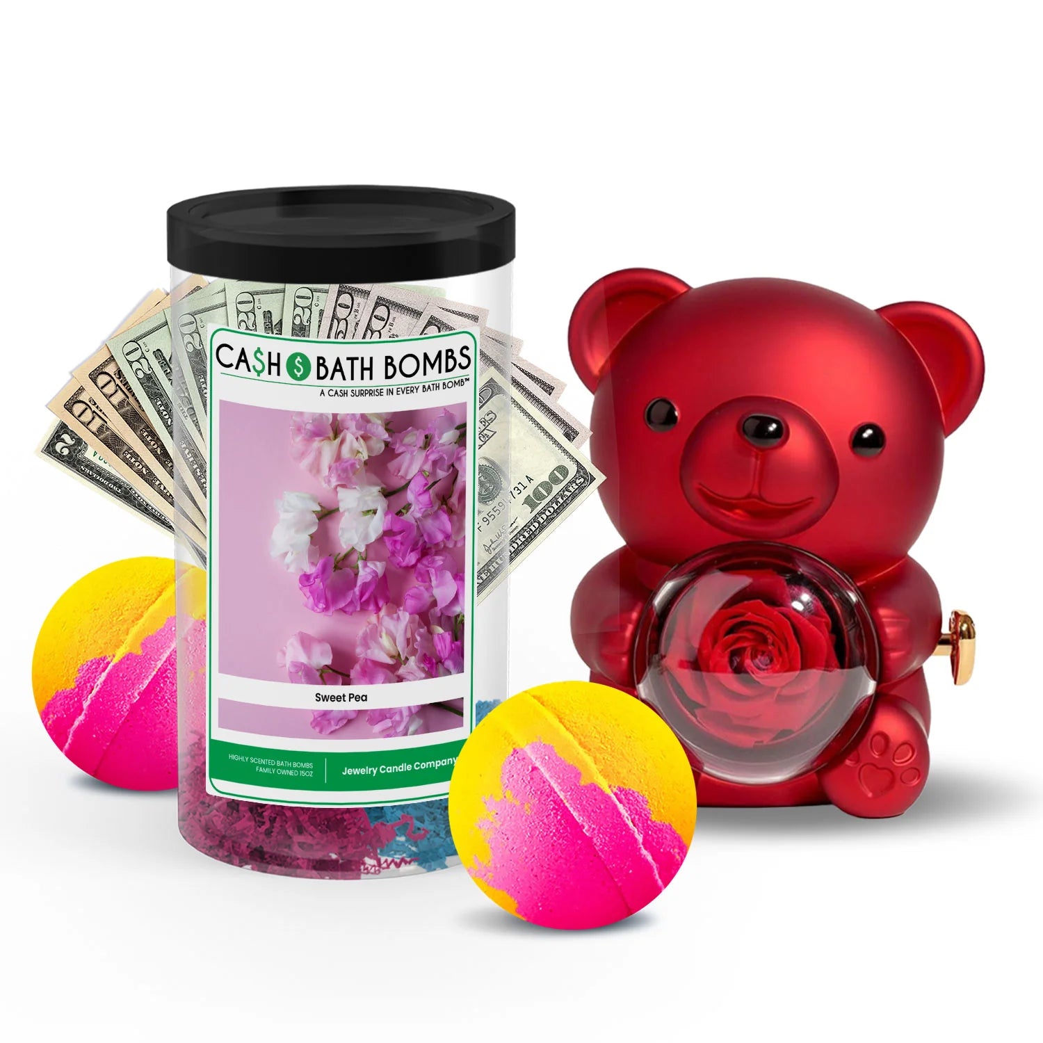Rose Cash Surprise Bear + Jumbo Cash Bath Bomb 2 Pack – Sweet Pea