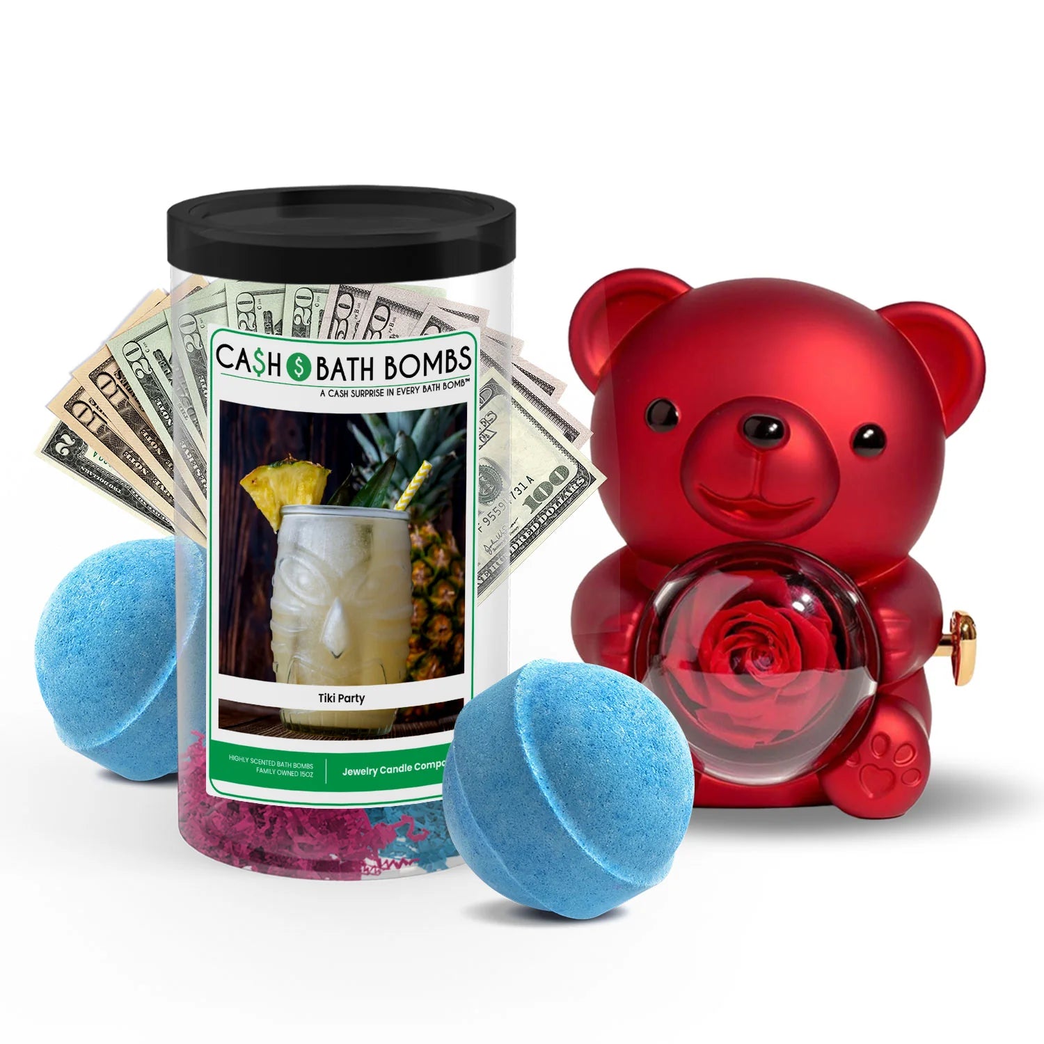 Rose Cash Surprise Bear + Jumbo Cash Bath Bomb 2 Pack – Tiki Party