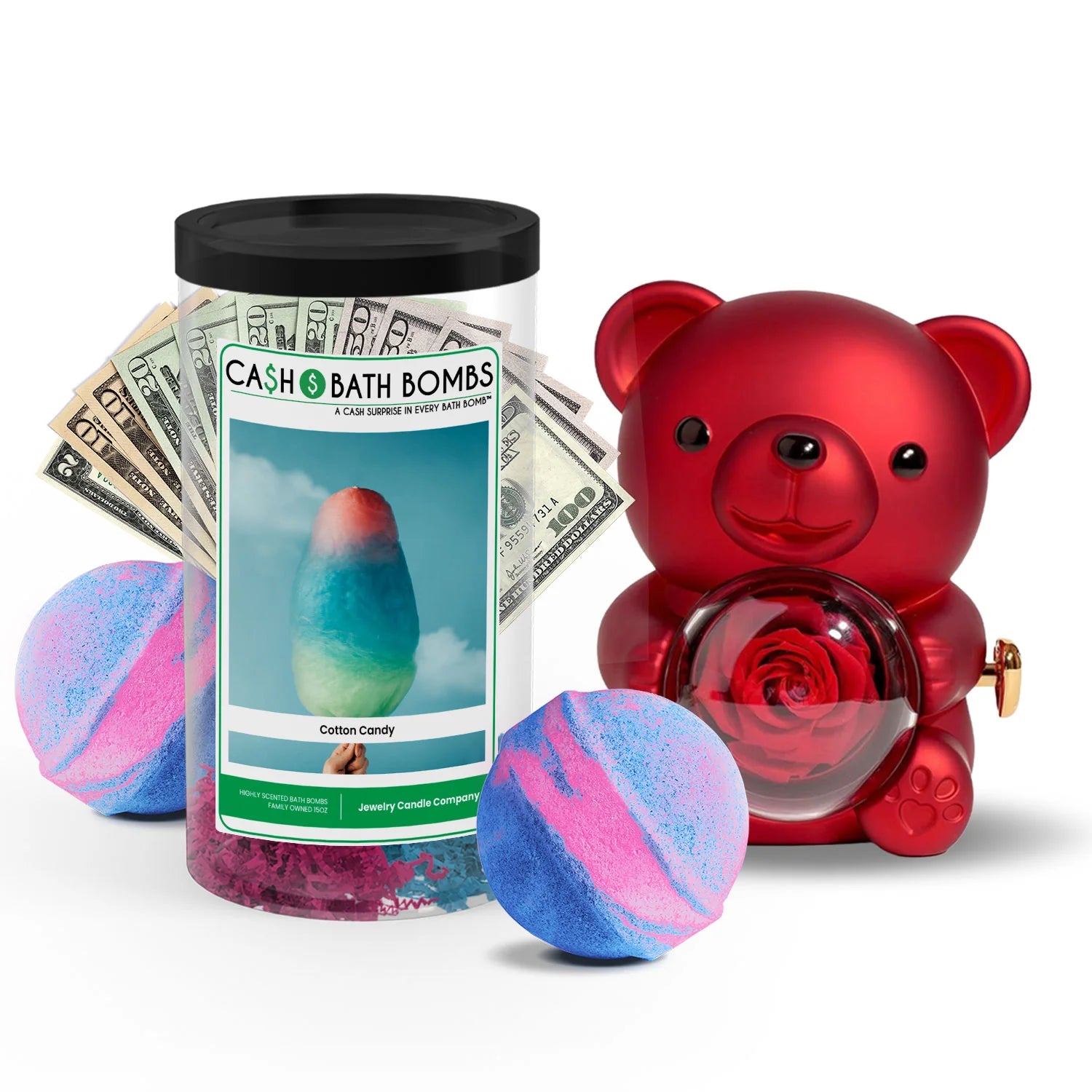 Rose Cash Surprise Bear + Jumbo Cash Bath Bomb 2 Pack – Cotton Candy